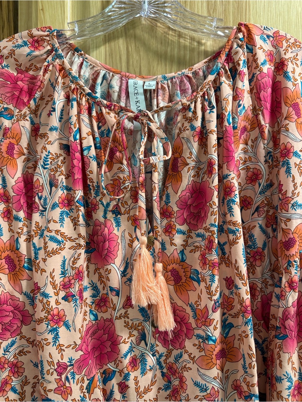 NWT Grace + Karma Size L Boho Peasant Festival Hippie Floral Tassel Tie Blouse - Picture 2 of 12